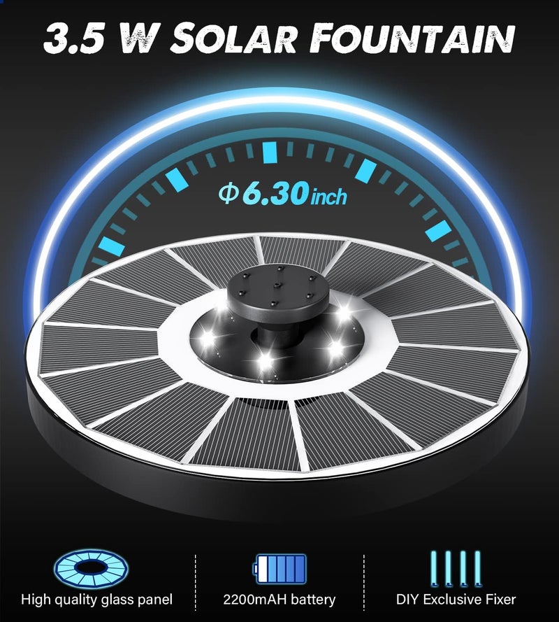 Yzert Solar Fountain Glass Panel with 2200 mah Battery, 3.5W Floating Solar Water Fountain with 4 Fixed Rods, Solar Pump for Bird Bath, Garden, Pond, Pool, Outdoor (White Panel White Lights) - Image 5